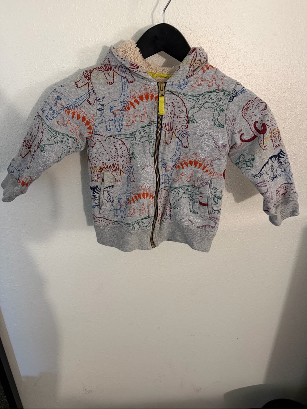 Mini Boden Kids’ Gray Dinosaur Print Zip-Up Sherpa-Lined Hoodie Size 2-3Y